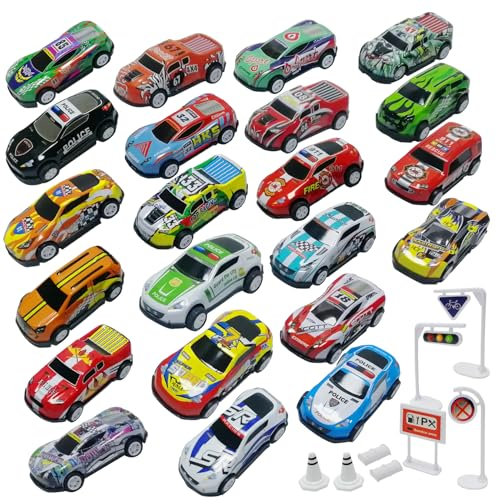 TOYABI Matchbox Auto Set, Spielzeugautos, 22Pcs Metall Auto Spielzeug mit 8 Straßensperre